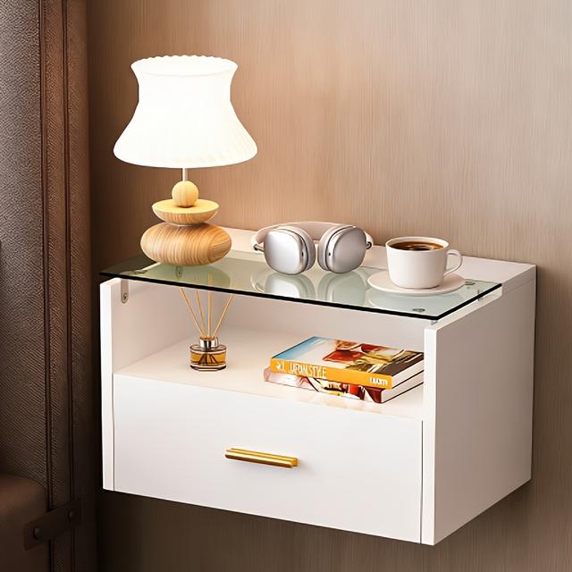 TEMU Two-pack Hanging Bedside Tables, Wall-mounted Bedside Tables, Floating Bed Tables With 1 Drawer, Open Compartment, Tempered Glass Hanging Cabinets, 42 X 30 X 24.5cm, White.