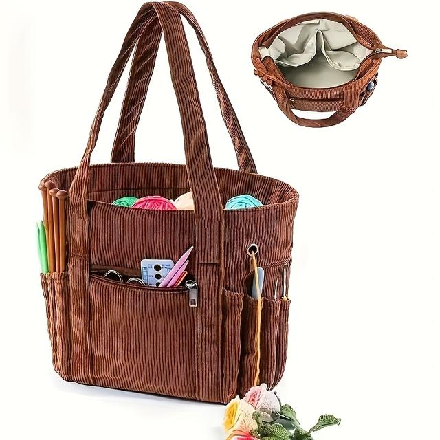 TEMU 1pc Knitted Yarn Carry Bag, Corduroy Diy Crochet Tool Storage Pouch With Large Capacity
