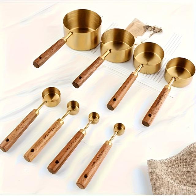 TEMU 8pcs Stainless Steel Measuring Set With Acacia Wood Handle - Heavy-duty Baking Tools, 408 Grade Durable Kitchen Scale Cups & Spoons (ml//oz/tbsp/tsp) For Baking,, Coffee, Spices -