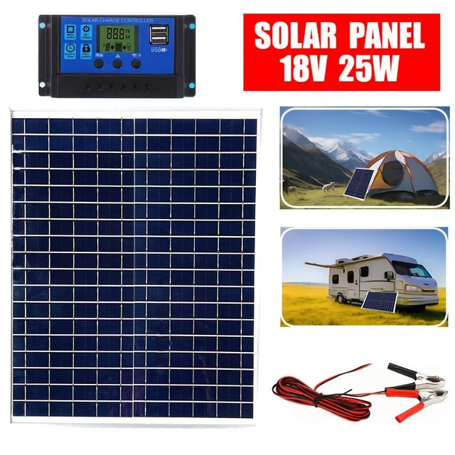 TEMU 25w 12v Solar Panel Kit With 10a Charge Controller & Battery Clip Cable - Portable Off-grid Solar Power System For Rv, Boat, Cabin, - Compatible With 12v, Solar Panels (no Mains Required)