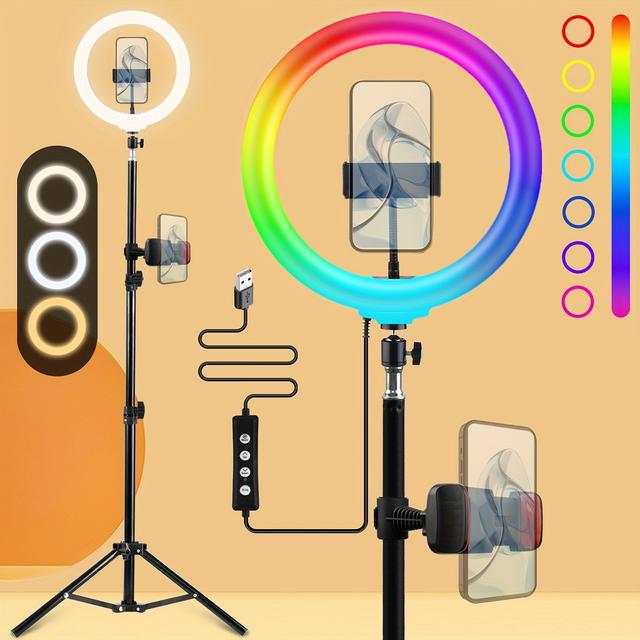 TEMU Uegogo 10-inch Usb Powered With Phone Mount And 110cm Tripod Stand, Lightweight And Portable, Perfect For Vlogging, Makeup, Live Streaming, Photography, Ideal For Content Creators