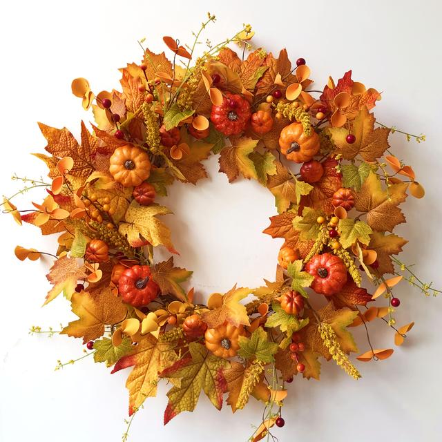 TEMU Wreath With Realistic Pumpkin & Berry - Vibrant Orange Orange Pumpkins, Wheat Stalks, And Foliage For Thanksgiving, Halloween, And Home Party Decorations, Fall Decorations For Home