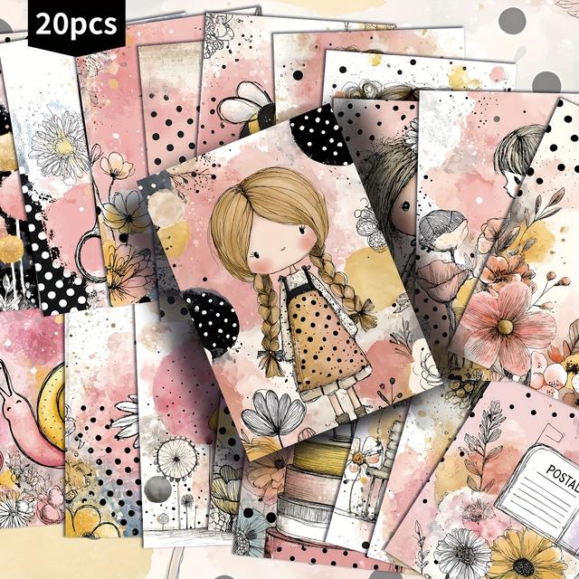 TEMU 20-pack Vintage Yellow Dots Girls Postcards - 4x6 Inches Retro Junk Journal Paper, Classic Pinup Illustrations, Collectible Decorative Painting Cards For Scrapbooking & Crafting