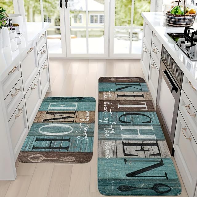 TEMU Rustic Farmhouse Kitchen Rug Set - 2/3pcs, Green, Brown & Teal, Soft & Non-slip, Machine Washable, Kitchen, Bathroom, Bedroom & Living Room