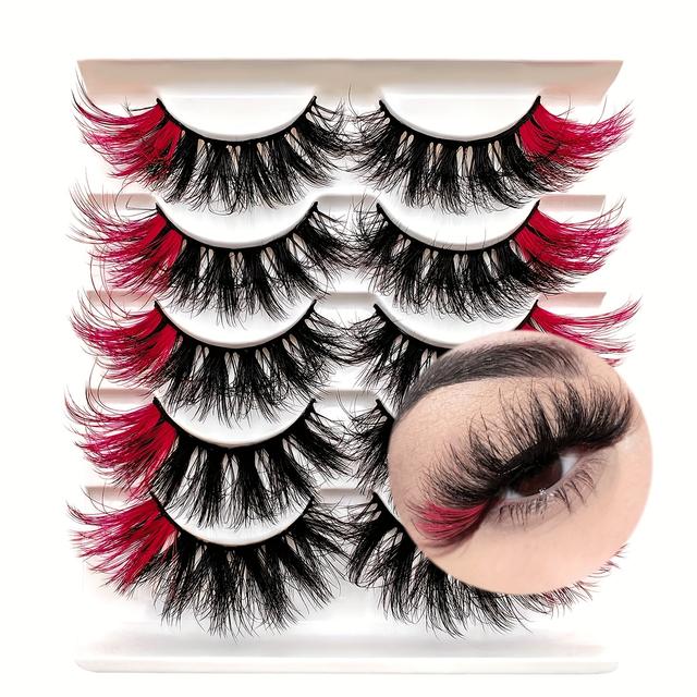 TEMU A Set Of 5 Pairs Of Red False Eyelashes With Elongated Cat-eye Tips, Featuring A , Thick, And Fluffy Design, Resembling Colorful Mink Lashes.