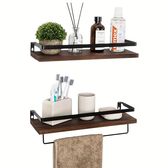 TEMU 2 Tier Rustic Floating Wall Shelves With Rails Pre Assembled With Towel Holder For Kitchen Bathroom Bedroom And Living Room