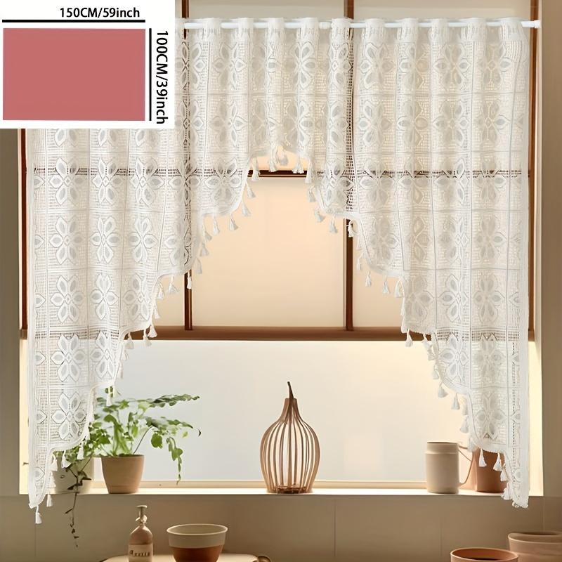 TEMU 1pc White Beige Six-petal Flower Short Curtain, Kitchen Balcony Partition Curtain, Lace Hollow Out Non-perforated With Tassel Short Curtain