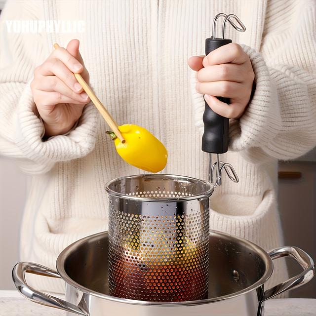 TEMU 1pc Yuhuphyllic Stainless Steel Perforated Strainer Basket With Ergonomic Handles - Heavy-duty Commercial Kitchen Tool For Draining Noodles, Vegetables, Soup & Hot Pot - Easy-, Noodle Strainer