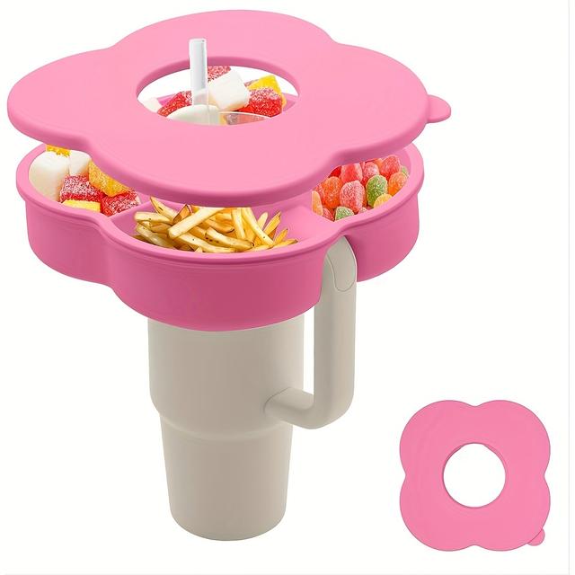 TEMU 30-40oz Silicone Snack Bowl With Lid & Handle - Flower Style Reusable Snack Tray, Scratch-resistant, Ideal For Car Cup Holders Or Outdoor Use, Outdoor Snack Accessory||durable Silicone