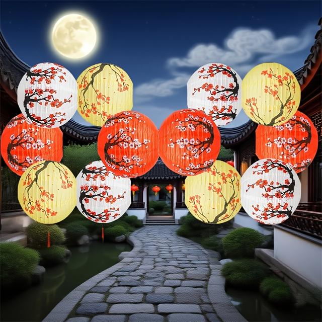 TEMU 12pcs Japanese Chinese Paper Lanterns Suitable For Party Wedding Decorations - Traditional Flameless Hanging Lights For Chinese New Year, Japanese, Birthdays & Festive Events