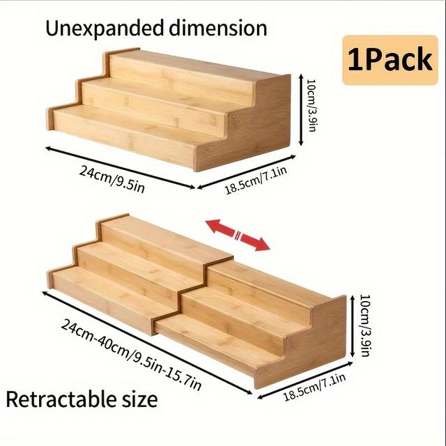 TEMU Organizador de Especiarias em Bambu Expansível para Armário de Cozinha - Prateleira de 3 Níveis para Armário de Cozinha, Exposição de Armazenamento de Bancada