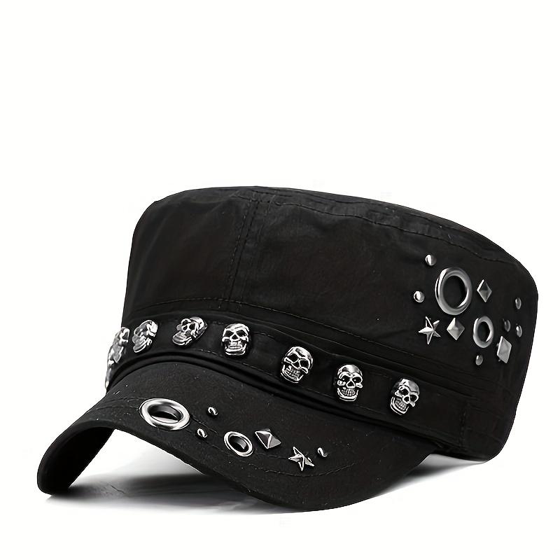 TEMU Vintage Skull Rivet Flat - Lightweight, Stretchable Cotton Sun Cap For & Casual Attire, Casual Sun Cap | Stylish Headgear | Fabric Cap