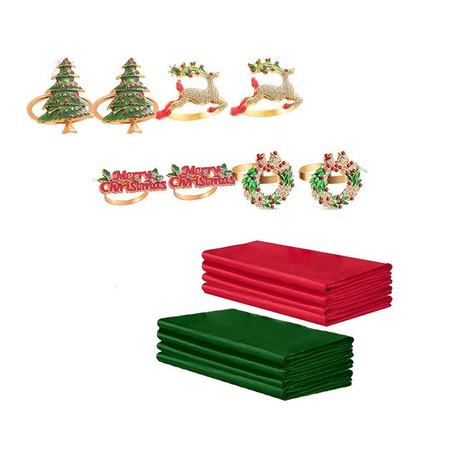 TEMU Set Of 8 Red And Green Cloth Napkins And 8 Christmas Napkin Rings, 16pcs Total - Fabric And Metal Festive Table Decorations Are Perfect For Winter, Christmas, Parties, Dinners And More.