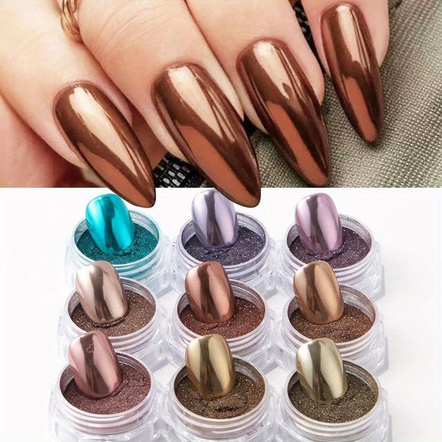 TEMU Full Beauty 9-color Mirror Chrome Nail Powder Suitable For Diy Manicure & Nail Art - Brown/coffee/purple Glitter, Y2k Retro Polish For Salon, Nail Decorations, European Series Dust