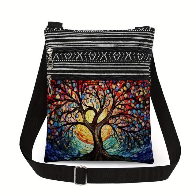 TEMU Fashion Cartoon-themed Crossbody Bag With Animal Print, Adjustable Strap, Dual Zipper, Foldable Design, Polyester Material, Unlined - Artistic Glass & Tree Of Life Patterns For Women