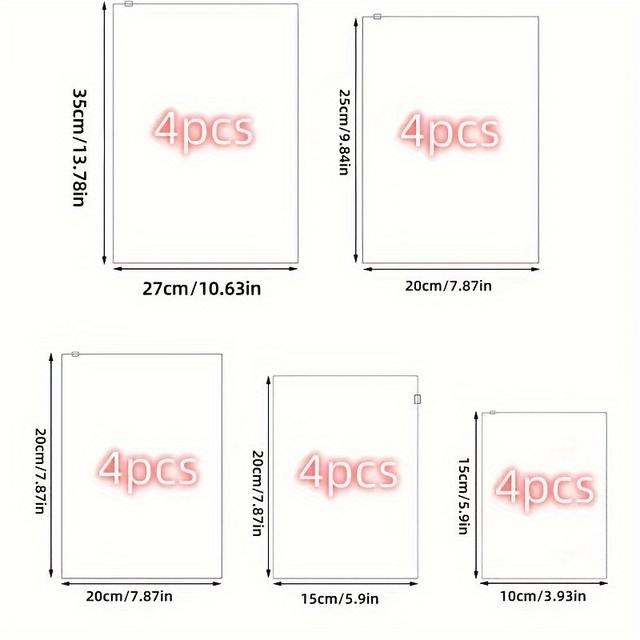 TEMU 20 шт. Багаторазові матові пакети Ziplock - 5 розмірів для подорожей, лікарні та зберігання валізи - міцні пластикові органайзери для одягу з замком-блискавкою, матова , надійне закриття