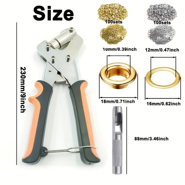 TEMU Complete Eyelet Punch Set With 200pcs 10mm Rings - Ideal For Diy Tarpaulin, Leather & Waterproof , Sewing & Crafting Essentials