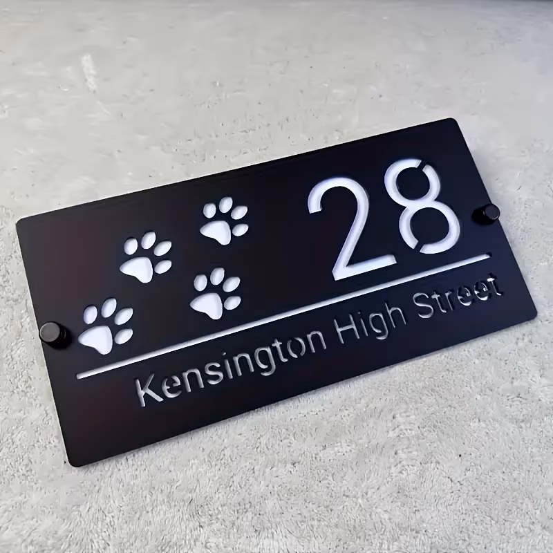 TEMU Customizable Acrylic House Number Plaque With Laser-engraved Paw Print - Durable Wall-mounted Address Sign, Black And Golden Outdoor Door Decor, Front Door Hanging Ornament, Plaque