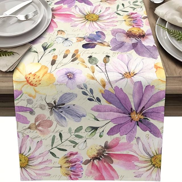 TEMU 1pc, Spring Floral Table Runner Featuring Watercolor Flowers And Butterflies, Suitable For Kitchen And Dining Table Decorations For , In Sizes 13 X 36, 13 X 48, 13 X 72, And 13 X 108