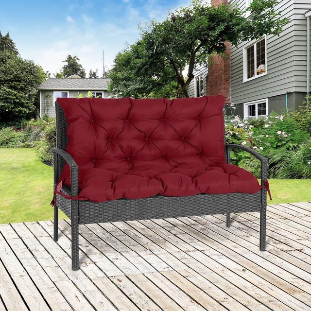 TEMU Modern Polyester Garden Bench Cushion With Backrest - Non-slip, Thick 2-seater Pad For Outdoor Furniture, Red Pattern, Durable & Stylish For Patio Or Deck