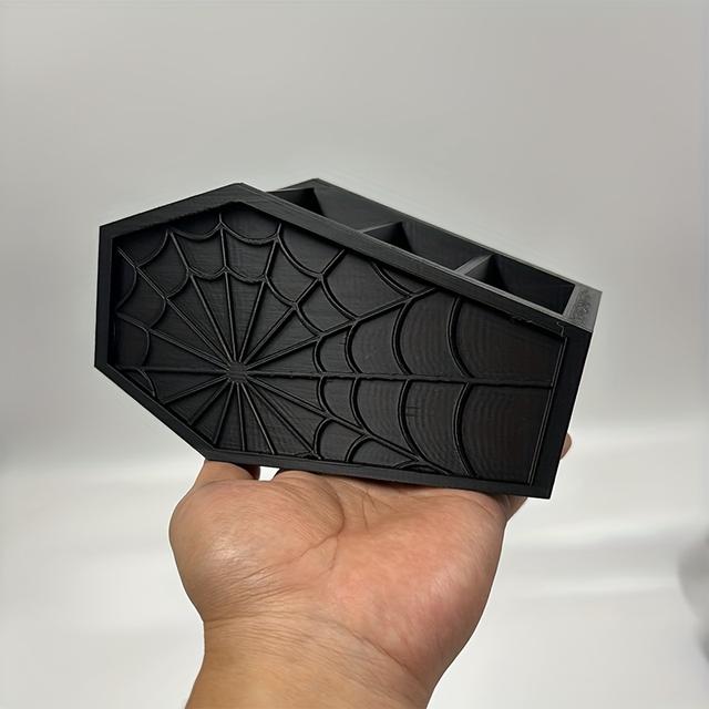 TEMU Coffin-shaped Spider Web Makeup Brush - Lightweight Plastic Organizer For Vanity Or Office Desk, Freestanding Cosmetic Storage Box