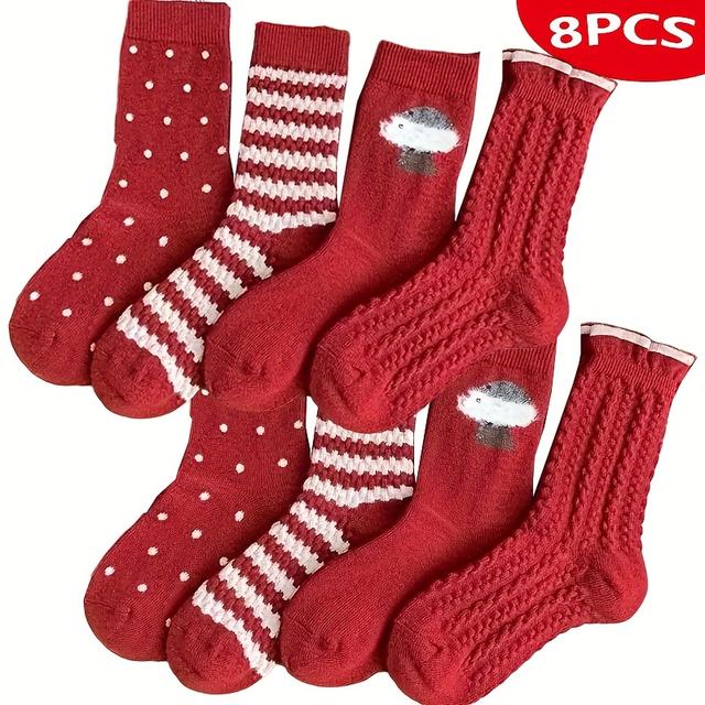 TEMU 여성용 새해 빨간색 양말 8켤레, 가을 겨울용 따뜻한 소재, 부드럽고 편안한 캐주얼 통기성 레트로 레드 미드 튜브 양말, 달콤하고 귀여운 디자인, 발렌타인데이, 크리스마스 스타킹으로 가족, 연인, 친구에게 완벽한 선물
