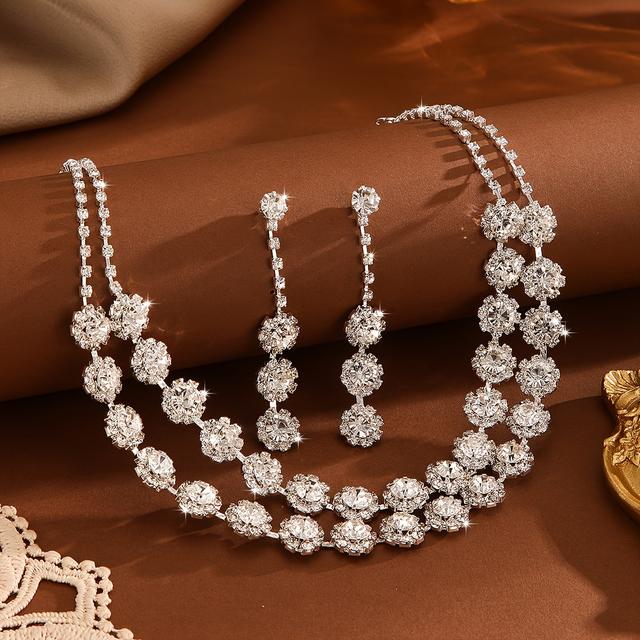 TEMU 3pcs Women's Jewelry Set With Water Drill Double Layer Copper Full Inlaid Rhinestone Necklace Set Bride Accessories Set Wedding Party Banquet Jewelr