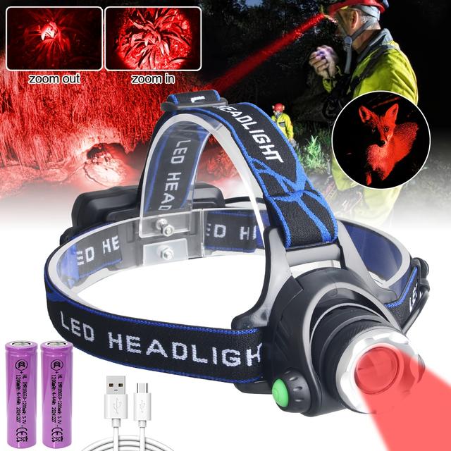 TEMU Jacht hoofdlamp rode licht op te laden, 1000 lumen rode LED hoofdlamp zoombare rode licht hoofdlamp 3 voor vos, , coyote, varmints jacht, astronomie, sterrenkijken