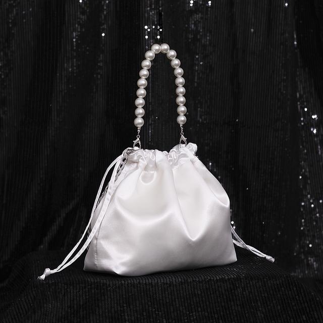 TEMU A Stylish Classic White Satin Drawstring Mini Handbag With A Easy Pearl Handle And A Metal Chain For Crossbody Or Handheld Use, Perfect For Evening Events