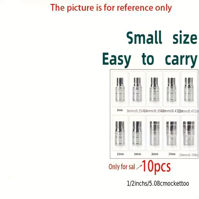 TEMU بائع فقط مقابس، وليس مفاتيح ربط الصدمات -- مجموعة مفاتيح ربط صدمية لاسلكية 10 في 1 (نظام محرك 1/2 بوصة) - طقم أدوات عزم الدوران متوافق مع SAE/ISO متري 8 مم - 19 مم، مع قبضة مريحة وتصميم مضغوط