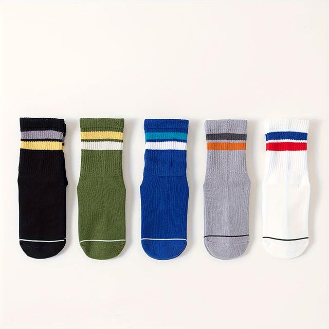TEMU 5 Pairs Kids' Non-slip Socks With Cartoon Letter Stripes | Comfortable, Breathable, Mid-calf Knit Socks, Suitable For Boys And Girls