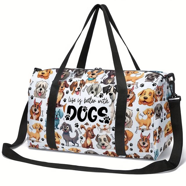 TEMU Cute Dog Print Duffel Bag For Women - Durable Polyester Travel Tote With Adjustable Shoulder Strap, Machine Washable Casual Sports Bag For Fitness, Pet Lovers & Daily Use, Gym Bag