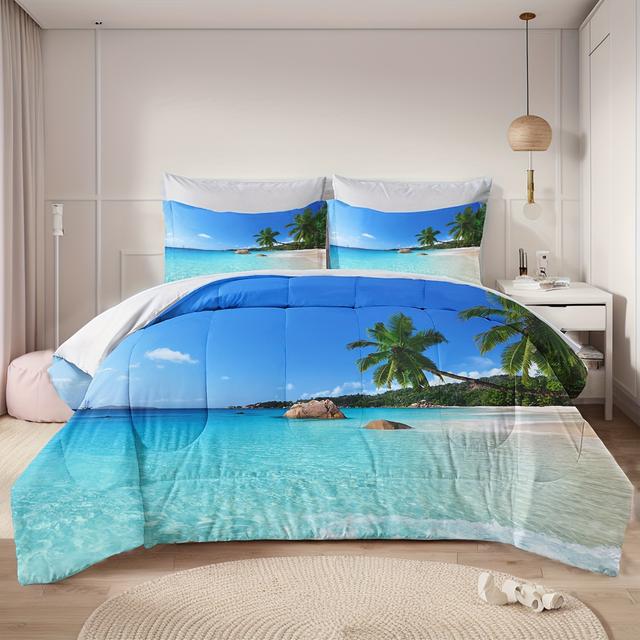 TEMU 2/3pcs Beach Coconut Tree Landscape Quilt Set(1 Quilt(comforter)+1/2 Pillow Cases Without Core), A Option For All , Suitable For Families And Air-conditioned Rooms In Dormitorie
