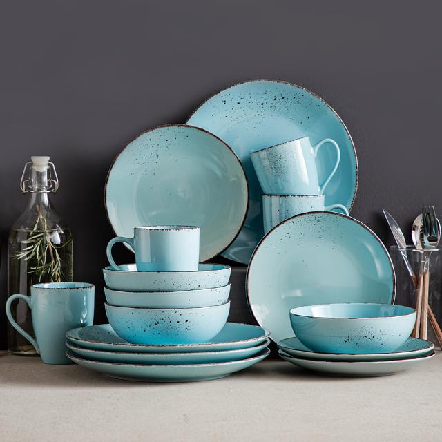 TEMU Service de table, vaisselle en grès vintage bleu , service de table 16 pièces pour 4 personnes, comprenant une assiette plate, une assiette à dessert, un bol à céréales et une tasse