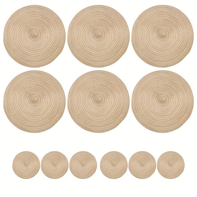 TEMU 6 piezas de platos redondos tejidos y platos de madera - Resistentes al , lavables, para mesa de comedor, beige natural, accesorio de comedor elegante | tejida | Platos resistentes al