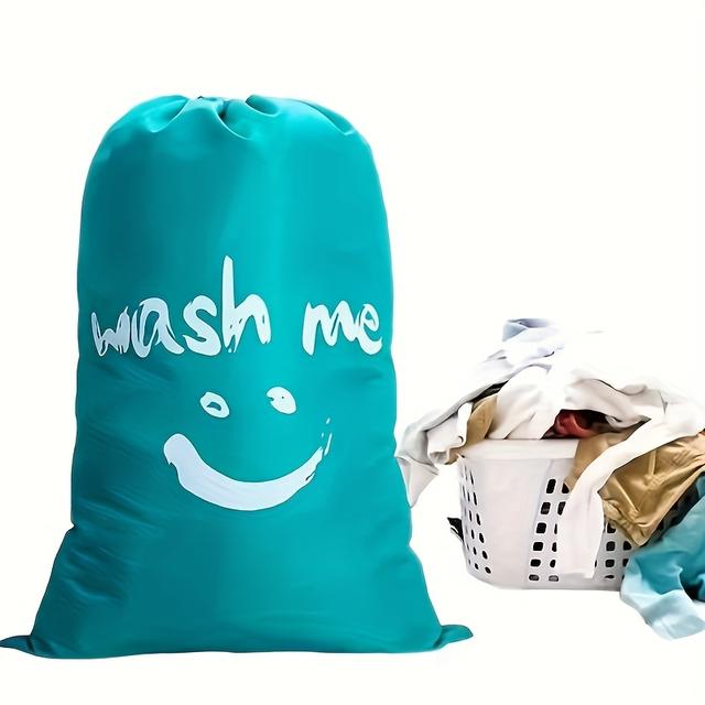 TEMU Large Drawstring Laundry Bag With "" Label - Durable Polyester Oval & Rectangular Design, Transparent Fun Face Pattern For Travel, Home Storage & Clothes Organization, Laundry Bags