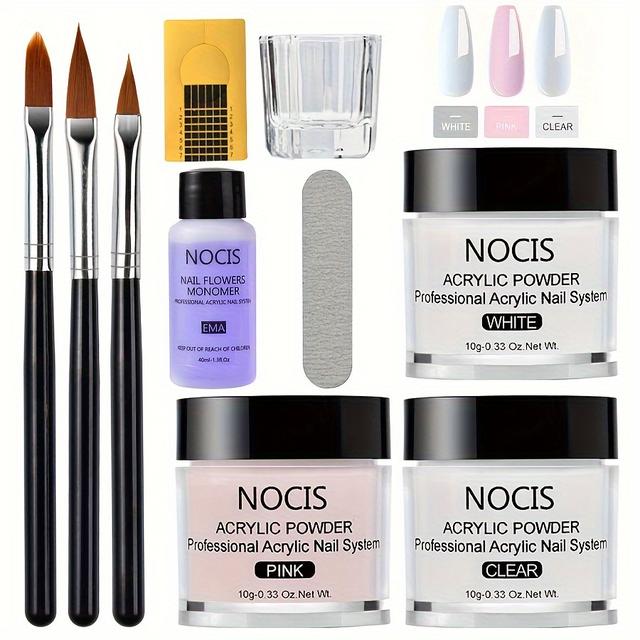 TEMU Acrylic Nail Kit With Brushes, Monomer, Clear & Pink Acrylic Powder - Non Yellowing Formula, Unscented - Beginner Nail Art Set