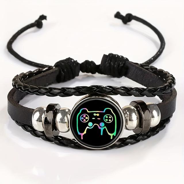 TEMU Adjustable Vintage Bracelet With Rainbow Gamepad Necklace Charm Pendant - Stylish Black Leather Wrist Strap For Casual Attire, For Teenager