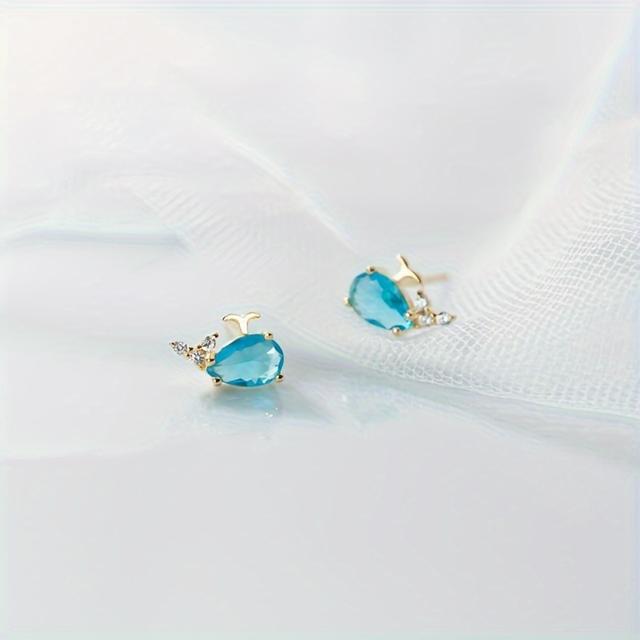 TEMU 2pc Stylish Cetacean Zirconia Simple Wind Copper Golden Studs Lady Birthday Present