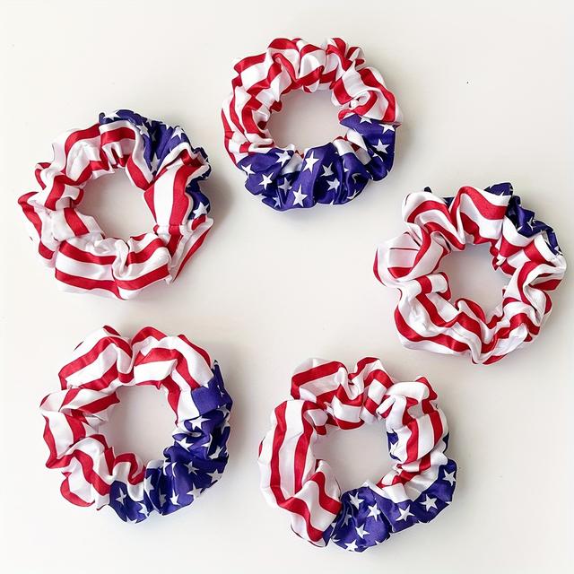 TEMU Satin Scrunchie Set With A Geometric Print Featuring Red, White, And And White Stars. American Flag Print Pattern, Breathable And . Suitable For Holiday Wear