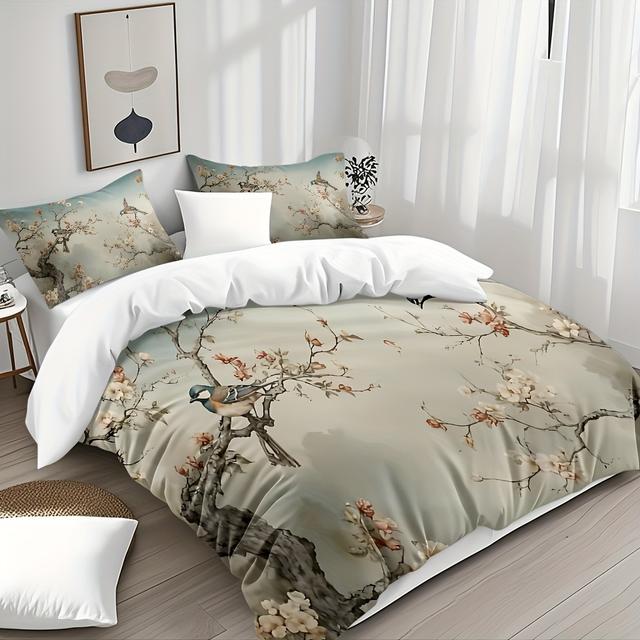 TEMU 2/3pcs Soft Bird And Flower Theme Bed Cover Set, Soft High-definition , , Perfect Gift, Soft, Breathable 100% Polyester, Machine Washable (1 Duvet Cover + 1/2 Pillowcases, No Filling)