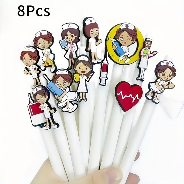TEMU 8/12 Stk. Krankenschwester-Thema Patch Stift Weiß PVC Weichklebe Patch Runder Kugelschreiber Studenten Unterschrift Gelstift Stil Zufällig