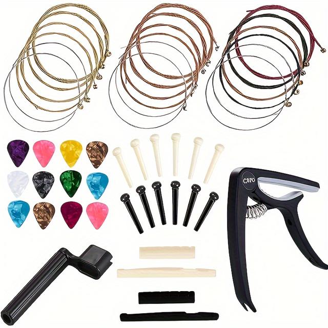 TEMU 48pcs Acoustic Guitar Accessories Kit Guitar String Replacement Tool, Includes Guitar Acoustic Strings, Picks, Capo, String Winder, String Nail, Pick Guitar Beginner