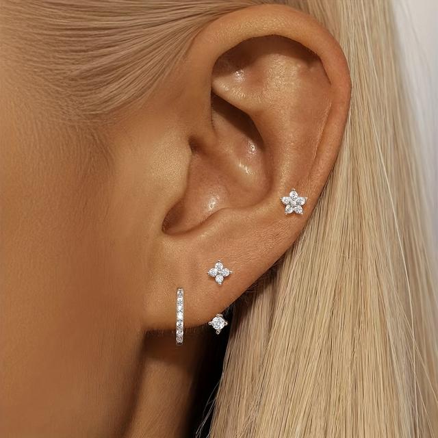 TEMU 3pcs Women's Five-petal Flower Exquisite Earrings, Stylish And Elegant, Suitable For Everyday Commuting Wear.