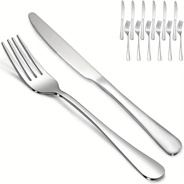 TEMU 12pcs Silverware Set | Includes 6 Table Knives And 6 Forks, Steak Knife And Table Fork Set, -grade Stainless Steel, Suitable For Family, Restaurant, Hotel Use, Mirror Polished, Dishwasher Safe