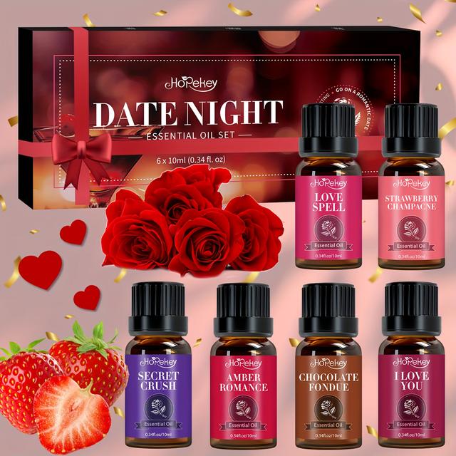 TEMU Date Night Essential Oil Set - 6 X 10ml Romantic Scents: I Love You, Secret Crush, Love Spell, Chocolate, Amber , Strawberry - Couples Massage, Humidifier & Diffuser Gift