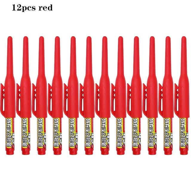 TEMU 12pcs Deep Hole Long Nib Marker Pens, Versatile Marker Set With Cap And Holder Design, 45mm Long Nib - Black, Blue, Red, Green Ink, For Construction, Ornament Fixing & Timber Marking
