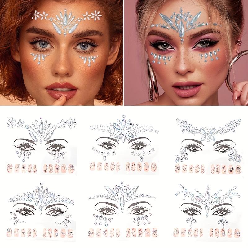 TEMU 6pcs Face Stickers, Creative Makeup Face Stickers For Nail Art, Facial Stickers Glitter Rhinestone Diy Makeup Tattoo Stickers For Stage Festival Decorations