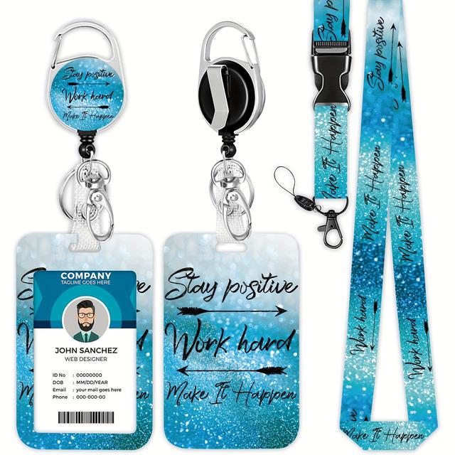 TEMU The 1pc Blue Inspirational Quotes Id Badge Holder Plus A Retractable Lanyard - Soft Fiber Construction, Sturdy Keychain - Is Suitable For Nurses, Teachers And Professionals