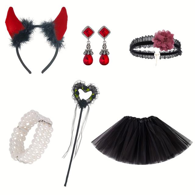 TEMU 6-teiliges Halloween Teufel Kostüm Set mit verspielten Hexen Party Accessoires, inklusive einem roten Outfit für Halloween-Themen Events und Dekorationen.